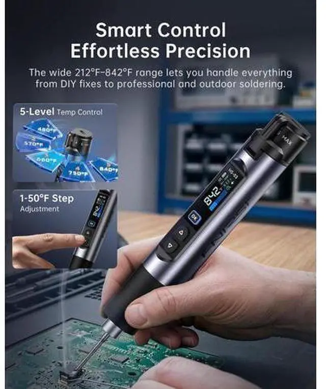 Alt view image 4 of 7 - HS-03 Cordless Soldering Iron Kit, 2600mAh Battery Portable Soldering Iron, 212-842°F, 3s Fast Heating, 5-Level Temp, 0.96" IPS Display Soldering Iron for Electronics Repair, DIY, PCB