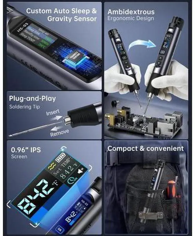 Alt view image 6 of 7 - HS-03 Cordless Soldering Iron Kit, 2600mAh Battery Portable Soldering Iron, 212-842°F, 3s Fast Heating, 5-Level Temp, 0.96" IPS Display Soldering Iron for Electronics Repair, DIY, PCB