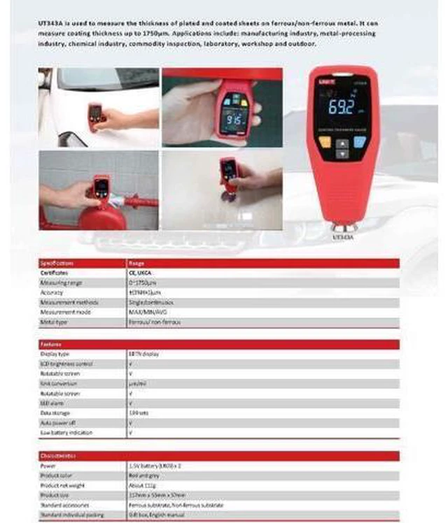 Alt view image 2 of 7 - UT343A Digital Coating Thickness Composite Gauge Meter Automobile Paint Film Tester Measuring FE/NFE Paint Tool USB Data Storage Single-Point Multi-Point Quick Judgment Prompt