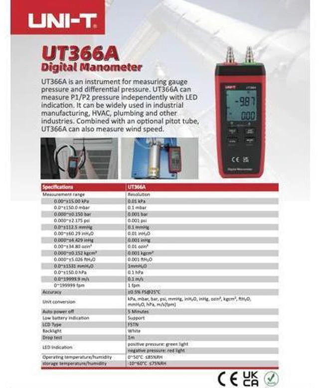 Alt view image 2 of 5 - UT366A Digital Manometer Measure P1/P2 Pressure and Measure Wind Speed with Certificates: CE, UKCA