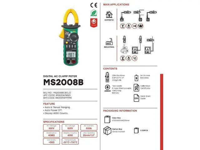 Alt view image 3 of 6 - MS2000G MS2001/C MS2006B MS2008 MS2009A/C Digital Clamp Meter Current Pliers Voltage Circuit Tester Pincers Multimeter Homeheld Professional Electrical Tool(MS2008B)