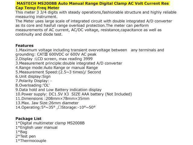Alt view image 5 of 6 - MS2000G MS2001/C MS2006B MS2008 MS2009A/C Digital Clamp Meter Current Pliers Voltage Circuit Tester Pincers Multimeter Homeheld Professional Electrical Tool(MS2008B)