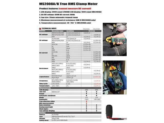 Alt view image 6 of 6 - MS2000G MS2001/C MS2006B MS2008 MS2009A/C Digital Clamp Meter Current Pliers Voltage Circuit Tester Pincers Multimeter Homeheld Professional Electrical Tool(MS2008B)
