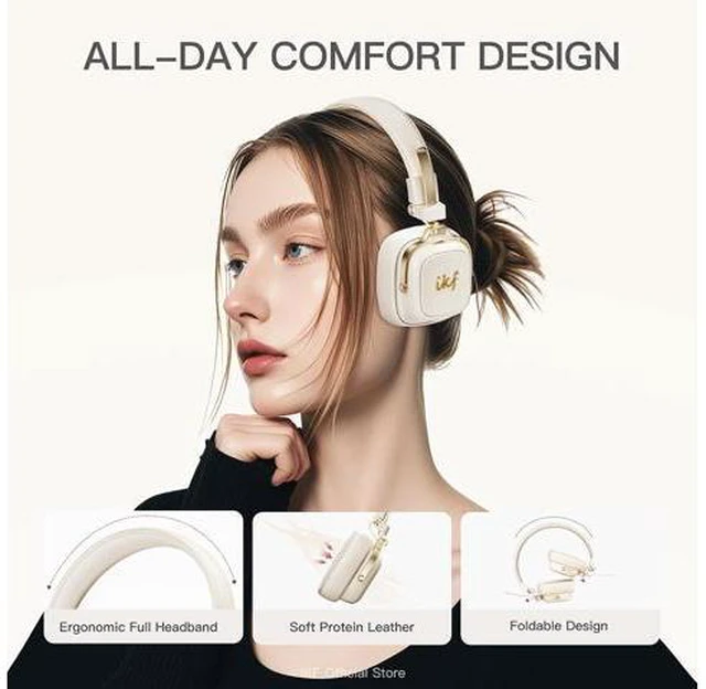 Alt view image 3 of 7 - E2 Bluetooth On-Ear Headphones, Wireless Foldable Headset with 90H Playtime, 40mm Drivers, Deep Bass, 3D Spatial Sound, Built-in Mic (Offwhite)
