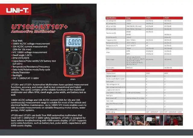 Alt view image 7 of 7 - Multimeter clamp Meter UT105+ UT107+ UT105 UT107 Automotive Multimeter AC DC Voltage Current Resistance Circuit Capacitor Frequency Temperature Tester(UT107+)