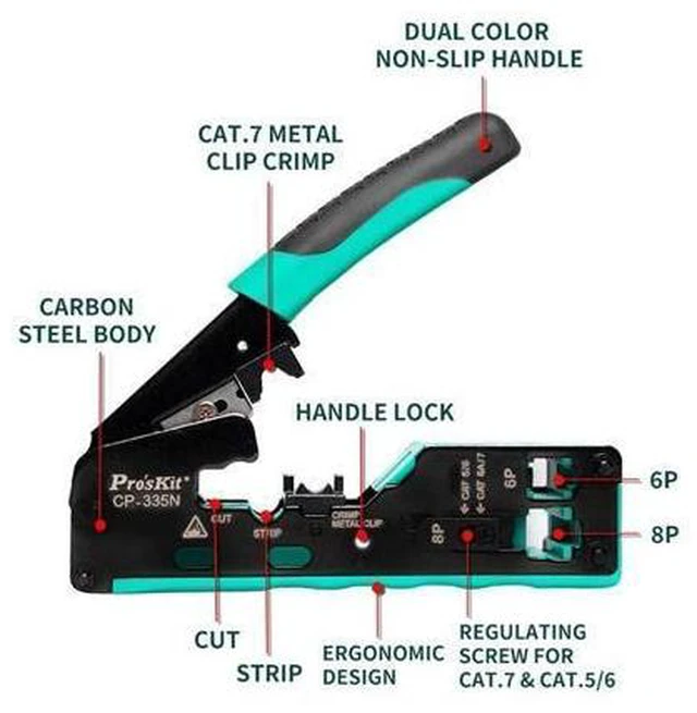 Alt view image 3 of 7 - Tools Solutions CP-335N CAT.5/6/7 Modular Plug Crimping Tool Parallel Crimping Action Force Saving 3 in 1 Cut/Strip/Crimp(CP-335N)