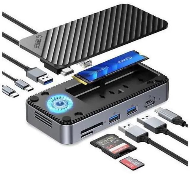 Main image of 10-in-1 USB C HUB with SSD Enclosure Built-in Cooling Fan with NVMe/SATA, HDMI 4K@60Hz,10Gbps/5Gbps USBA/C, Gigabit Ethernet, SD/TF 3.0 Ports, Compatible with Windows/Mac/Dell/HP