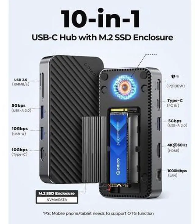Alt view image 3 of 7 - 10-in-1 USB C HUB with SSD Enclosure Built-in Cooling Fan with NVMe/SATA, HDMI 4K@60Hz,10Gbps/5Gbps USBA/C, Gigabit Ethernet, SD/TF 3.0 Ports, Compatible with Windows/Mac/Dell/HP