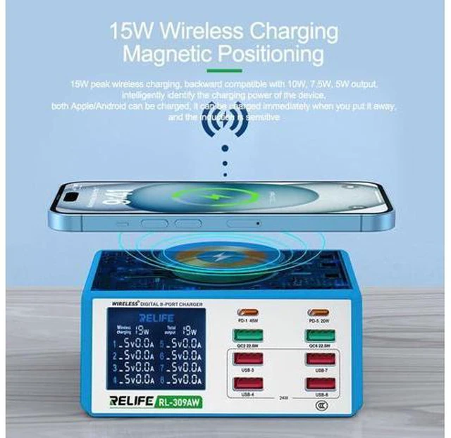 Alt view image 3 of 7 - RL-309AW RL-309A 8-port Digital Display 100W high power Charger Multifunction Mobile Phones Tablets Laptops Smart Fast Charging Tools(RL-309A)