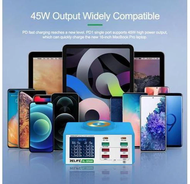 Alt view image 5 of 7 - RL-309AW RL-309A 8-port Digital Display 100W high power Charger Multifunction Mobile Phones Tablets Laptops Smart Fast Charging Tools(RL-309A)
