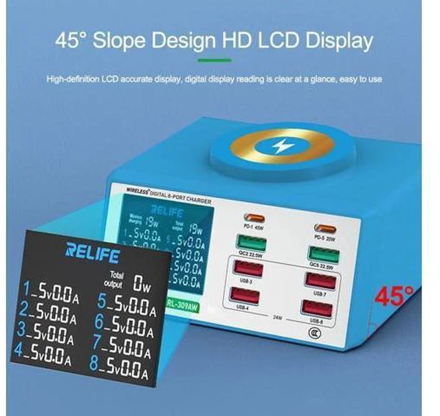 Alt view image 6 of 7 - RL-309AW RL-309A 8-port Digital Display 100W high power Charger Multifunction Mobile Phones Tablets Laptops Smart Fast Charging Tools(RL-309A)