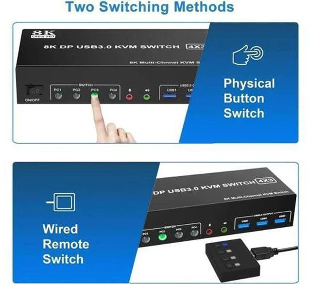 Alt view image 6 of 7 - 4 Port 8K Displayport USB 3.0 KVM Switch 3 Monitors 4 Computers, DP1.4 Triple Monitor KVM Switch with Audio Microphone Output and 3 USB3.0 Ports, Displayport KVM Triple Monitor Keyboard Mouse Switcher
