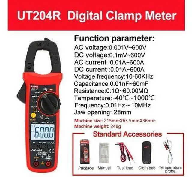 Alt view image 2 of 7 - UT204R Digital Clamp Meter True RMS 600A AC/DC Current Clamp, Measures Voltage Capacitance Resistance Frequency Temperature, CAT III 600V, Portable Compact Design