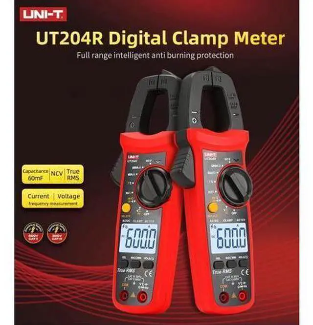 Alt view image 4 of 7 - UT204R Digital Clamp Meter True RMS 600A AC/DC Current Clamp, Measures Voltage Capacitance Resistance Frequency Temperature, CAT III 600V, Portable Compact Design