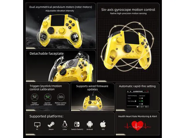 Alt view image 5 of 7 - RG G01 Interactive Screen Wireless Gaming Controller Compatible with PC/Steam/Linux/Android/Switch/IOS 2.4G Wireless Bluetooth Controller Gamepad Hall Effect Triggers(Yellow)