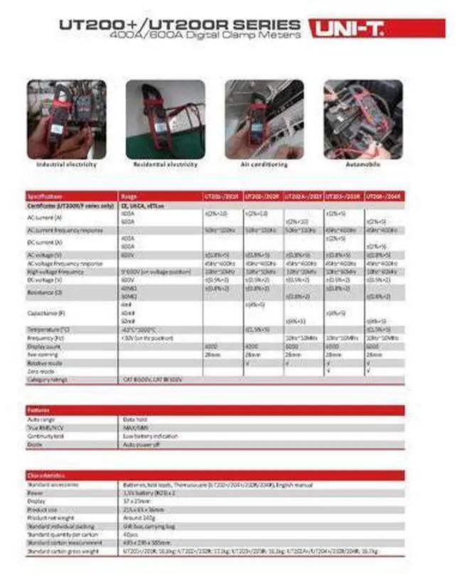Alt view image 7 of 7 - UT204R Digital Clamp Meter True RMS 600A AC/DC Current Clamp, Measures Voltage Capacitance Resistance Frequency Temperature, CAT III 600V, Portable Compact Design