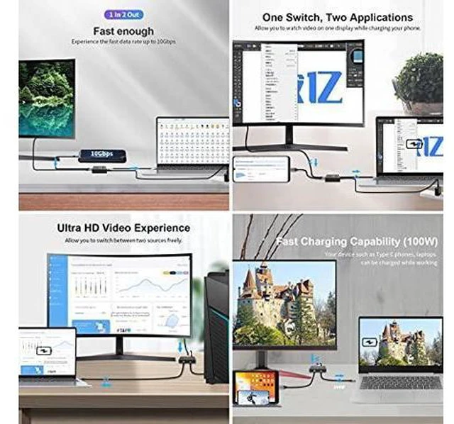 Alt view image 6 of 6 - USB-C Type-C Bi-Direction Switch MST 1 to 2 Hub Support Video Data PD 8K@30hz 100W 10Gbps