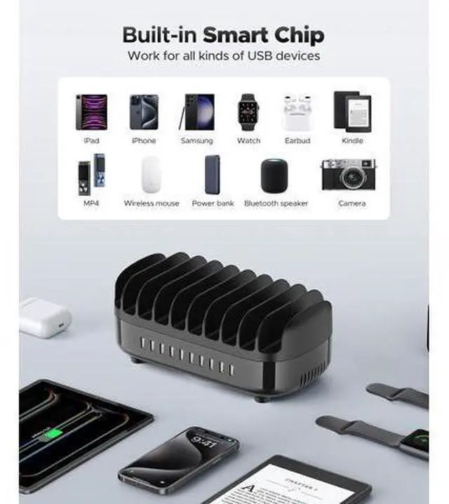 Alt view image 4 of 7 - 120W Charging Station for Multiple Devices, 10-Ports USB Charging Docking Organizer with Cables, Multi USB Charging Station Compatible with iPad, Tablet, Kindle, Airpods and Cell Phone