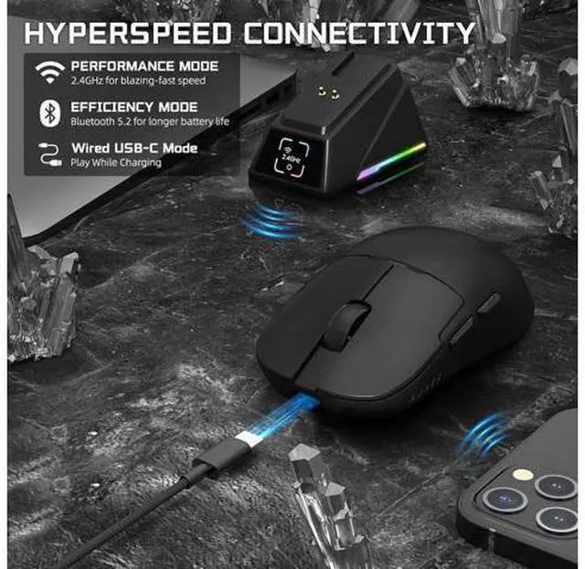 Alt view image 5 of 7 - AJAZZ AJ159 APEX Wireless Gaming Mouse with Magnetic Charging Base, 56g Lightweight BT/2.4G/USB-C Wired Mouse, PAW3950APEX 42K DPI Optical Sensor, Programmable Buttons for PC/Mac/Win(Black)