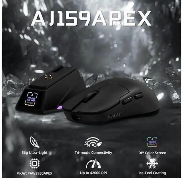 Alt view image 2 of 7 - AJAZZ AJ159 APEX Wireless Gaming Mouse with Magnetic Charging Base, 56g Lightweight BT/2.4G/USB-C Wired Mouse, PAW3950APEX 42K DPI Optical Sensor, Programmable Buttons for PC/Mac/Win(Black)