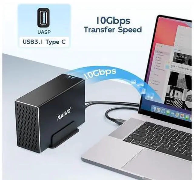 Alt view image 2 of 6 - Dual Bay Hard Drive RAID Enclosure with Cooling Fan for 2.5/3.5 inch SATA SSD/HDD, 10Gbps USB C 3.1 HDD Enclosure, 48TB Capacity, RAID 0/1/JBOD/PM, Aluminum Case