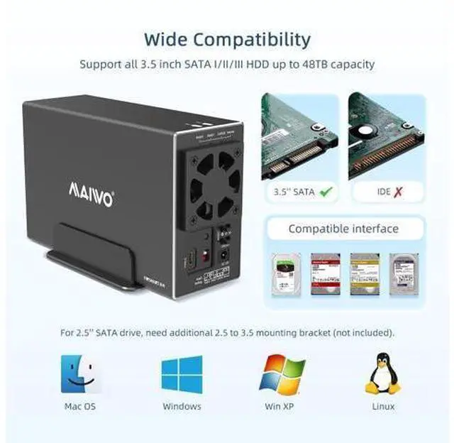 Alt view image 3 of 6 - Dual Bay Hard Drive RAID Enclosure with Cooling Fan for 2.5/3.5 inch SATA SSD/HDD, 10Gbps USB C 3.1 HDD Enclosure, 48TB Capacity, RAID 0/1/JBOD/PM, Aluminum Case