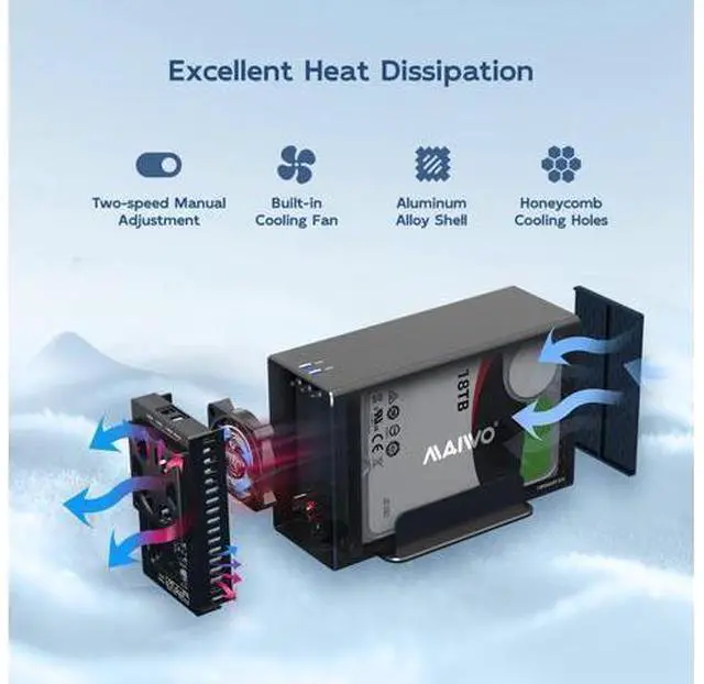 Alt view image 6 of 6 - Dual Bay Hard Drive RAID Enclosure with Cooling Fan for 2.5/3.5 inch SATA SSD/HDD, 10Gbps USB C 3.1 HDD Enclosure, 48TB Capacity, RAID 0/1/JBOD/PM, Aluminum Case
