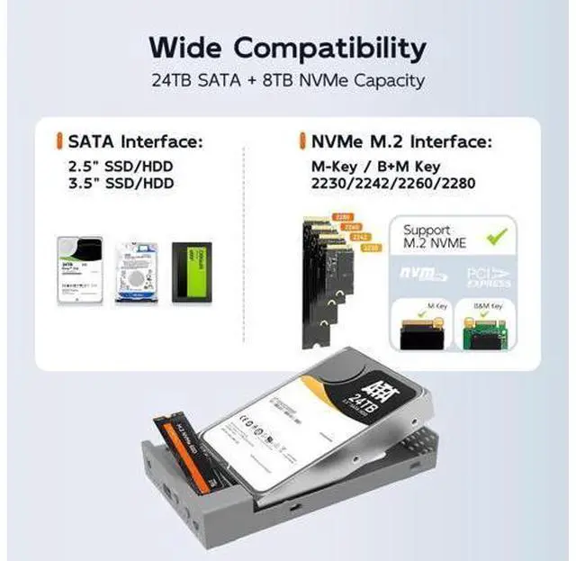 Alt view image 3 of 6 - External Hard Drive Enclosure for M.2 NVMe SSD and 2.5/3.5 Inch SATA SSD/HDD, Bidirectional Clone NVMe and SATA, USB 3.2 Gen2 (10Gbps) Type-C Hard Disk Adapter Docking Station