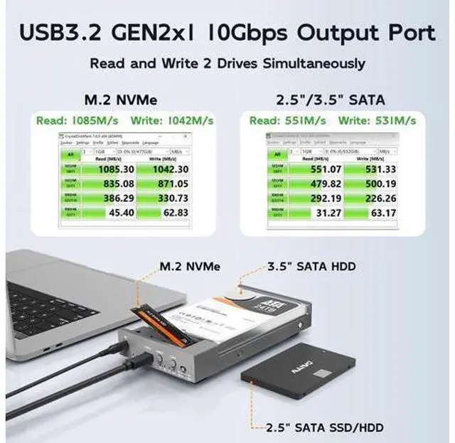 Alt view image 4 of 6 - External Hard Drive Enclosure for M.2 NVMe SSD and 2.5/3.5 Inch SATA SSD/HDD, Bidirectional Clone NVMe and SATA, USB 3.2 Gen2 (10Gbps) Type-C Hard Disk Adapter Docking Station
