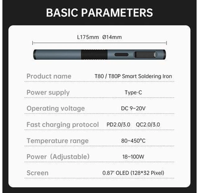 Alt view image 4 of 6 - Soldering Iron Kit, PD/QC 100W Mini Digital Soldering Iron 176-842 Fast Heating T80/T80P,Type-C Portable Digital OLED Screen Display, Auto Sleep (T80P+C2C+4 type tips+PD 65W)