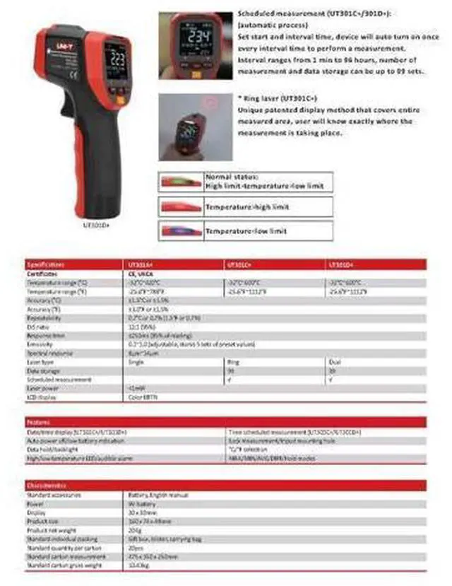 Alt view image 7 of 7 - Industrial Thermometer UT301A+ UT302A+ UT303A+ UT301C+ UT302C+ UT303C+ UT301D+ UT302D+ UT303D+ Non-Contact Industry Thermometer Infrared Digital Thermometer(UT301A+)