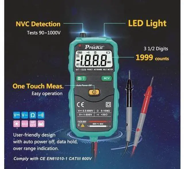 Alt view image 6 of 7 - Tools Solutions MT-1509 Pocket Autorange Multimeter Non-Contact ACV Detector LED Flashlight CE EN61010-1 CATIII 600V 3 1/2 Digits 1999 Counts, 0.5% Best Accuracy(MT-1509)
