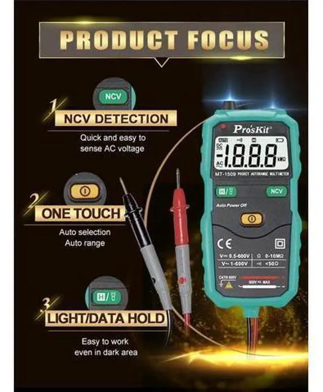 Alt view image 7 of 7 - Tools Solutions MT-1509 Pocket Autorange Multimeter Non-Contact ACV Detector LED Flashlight CE EN61010-1 CATIII 600V 3 1/2 Digits 1999 Counts, 0.5% Best Accuracy(MT-1509)