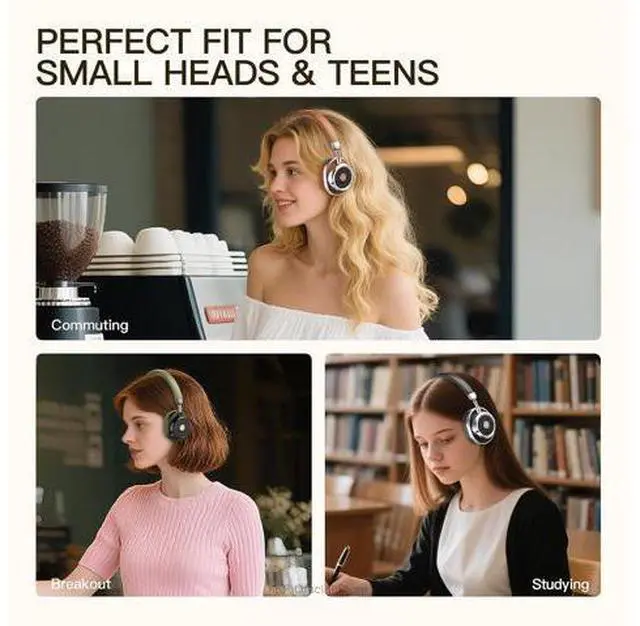 Alt view image 3 of 7 - Rona Retro Classic Active Noise Cancelling Wireless Headphones, Bluetooth On Ear Headset with Mic,75H Playback, Metal Vintage Design,3D Movie Sound,Wired,for Small Heads & Teens (Brown)