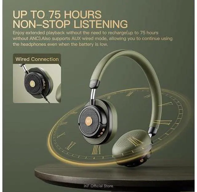 Alt view image 5 of 7 - Rona Retro Classic Active Noise Cancelling Wireless Headphones, Bluetooth On Ear Headset with Mic,75H Playback, Metal Vintage Design,3D Movie Sound,Wired,for Small Heads & Teens (Green)