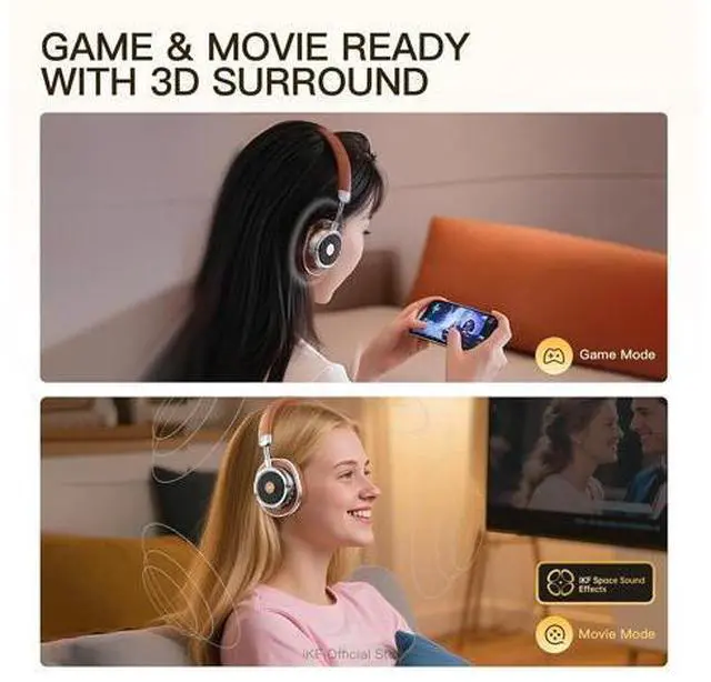 Alt view image 6 of 7 - Rona Retro Classic Active Noise Cancelling Wireless Headphones, Bluetooth On Ear Headset with Mic,75H Playback, Metal Vintage Design,3D Movie Sound,Wired,for Small Heads & Teens (Brown)