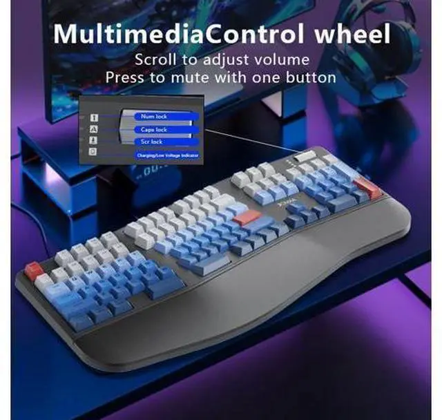 Alt view image 4 of 7 - 3-Mode Rechargeable Wireless Mechanical Keyboard 5000mAh Battery, Bluetooth 5.3/2.4G / USB-C Wired, 18 RGB Lighting Effects, Ergonomic Keyboard for Windows Computer Desktop Laptop