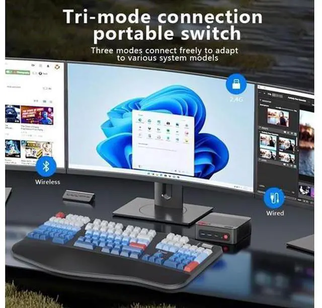 Alt view image 2 of 7 - 3-Mode Rechargeable Wireless Mechanical Keyboard 5000mAh Battery, Bluetooth 5.3/2.4G / USB-C Wired, 18 RGB Lighting Effects, Ergonomic Keyboard for Windows Computer Desktop Laptop