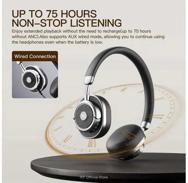 Alt view image 5 of 7 - Rona Retro Classic Active Noise Cancelling Wireless Headphones, Bluetooth On Ear Headset with Mic,75H Playback, Metal Vintage Design,3D Movie Sound,Wired,for Small Heads & Teens (Black)