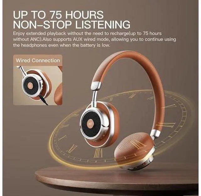 Alt view image 5 of 7 - Rona Retro Classic Active Noise Cancelling Wireless Headphones, Bluetooth On Ear Headset with Mic,75H Playback, Metal Vintage Design,3D Movie Sound,Wired,for Small Heads & Teens (Brown)