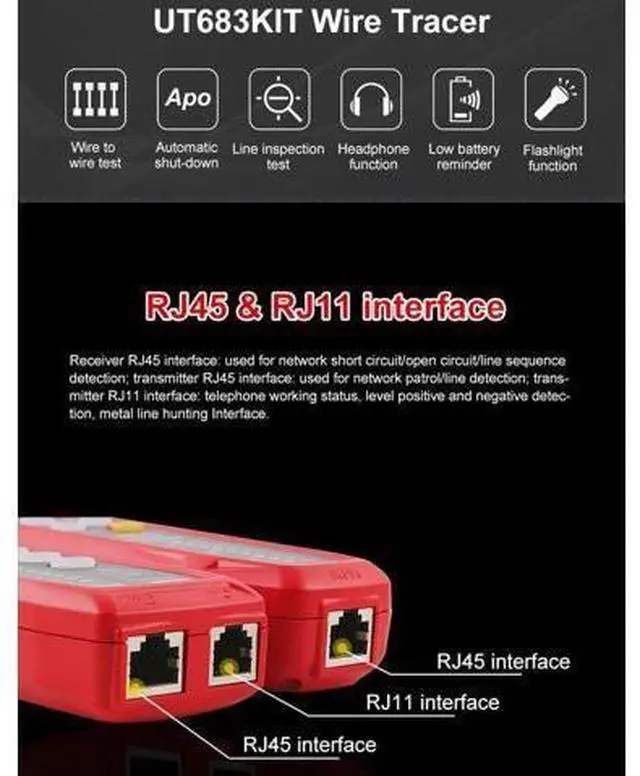 Alt view image 4 of 7 - UT683KIT Network Cable Tester and Toner with NCV Detection, 3000m Range, RJ11/RJ45 Wire Tracker, Multifunction Cable Analyzer for Ethernet, Telephone Lines, Voltage Detection