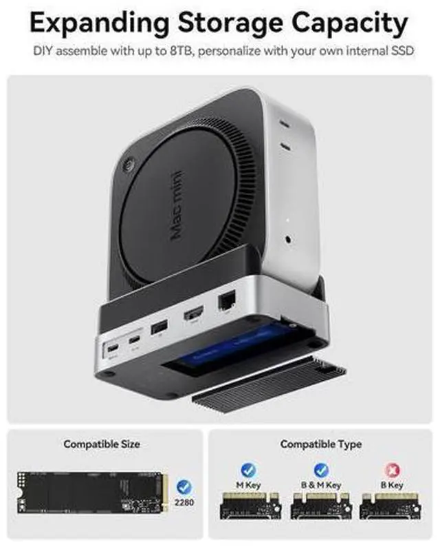 Alt view image 2 of 7 - Mac mini M4 Dock and Stand Compatible M.2 SSD Up to 8TB, MiniDock 10Gbps 10-in-1 Hub, 4K HDMI, Gigabit Ethernet, SD/TF Card Readers,Type-C(PD3.0)-VS10