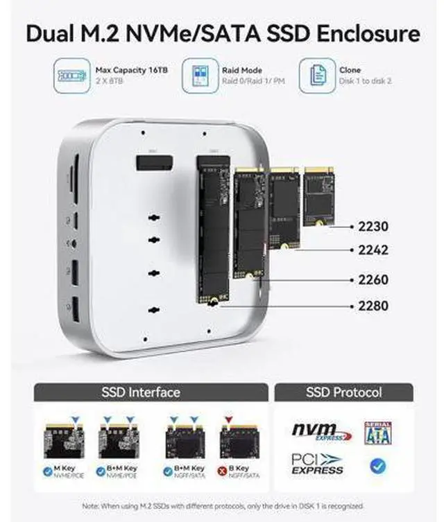 Alt view image 3 of 7 - MiniRaid 10-in-1 Docking Station with Dual-Bay M.2 NVMe/SATA SSD Enclosure for Mac mini M4 Pro, Raid 0/1/PM, USB C HUB with HDMI 4K@60Hz, 10Gbps, PD60W, SD/TF Slot, RJ45 for Creator-MR10 Pro