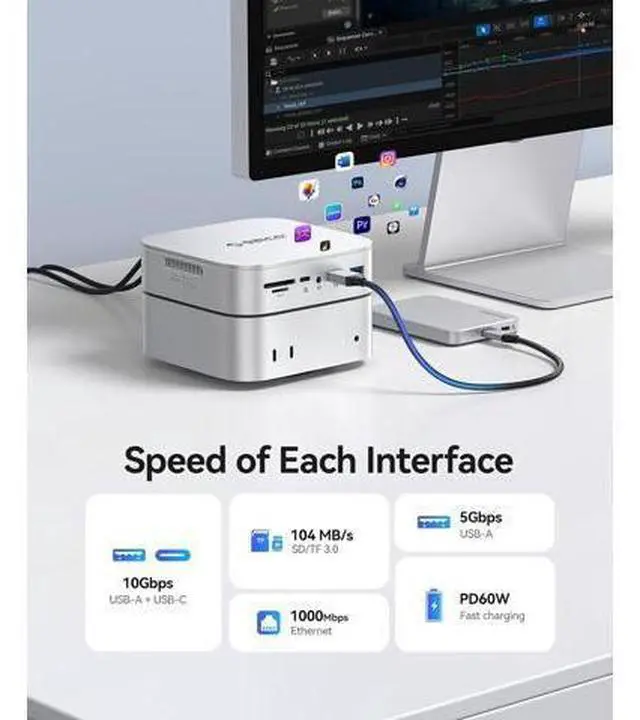 Alt view image 5 of 7 - MiniRaid 10-in-1 Docking Station with Dual-Bay M.2 NVMe/SATA SSD Enclosure for Mac mini M4 Pro, Raid 0/1/PM, USB C HUB with HDMI 4K@60Hz, 10Gbps, PD60W, SD/TF Slot, RJ45 for Creator-MR10 Pro