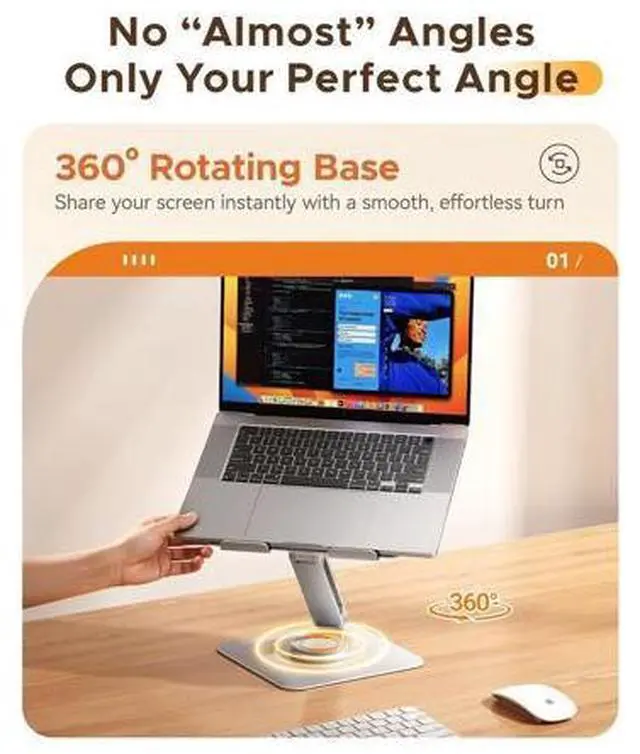 Alt view image 2 of 7 - Adjustable Laptop Stand with 360° Rotating Base, Foldable Aluminum Alloy Laptop Riser for Desk, Compatible with MacBook Neo Air Pro, Dell, HP (Up to 17") - ST10, Gray