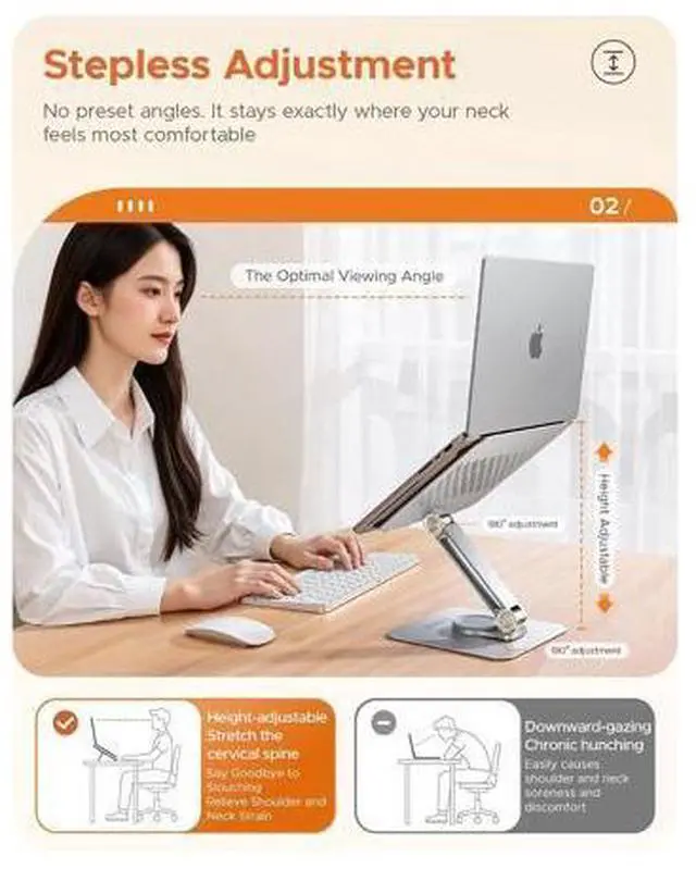 Alt view image 4 of 7 - Adjustable Laptop Stand with 360° Rotating Base, Foldable Aluminum Alloy Laptop Riser for Desk, Compatible with MacBook Neo Air Pro, Dell, HP (Up to 17") - ST10, Gray
