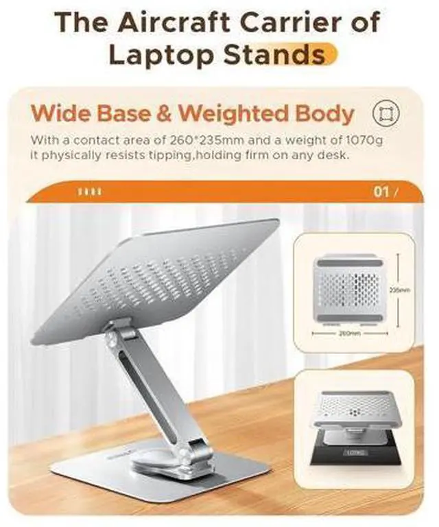 Alt view image 6 of 7 - Adjustable Laptop Stand with 360° Rotating Base, Foldable Aluminum Alloy Laptop Riser for Desk, Compatible with MacBook Neo Air Pro, Dell, HP (Up to 17") - ST10, Gray