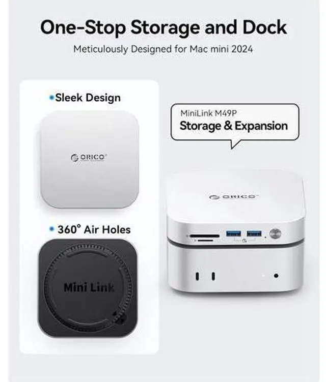 Alt view image 5 of 7 - Mac mini M4 Dock and Stand with NVMe SSD Enclosure for Mac mini M4 and M4 Pro 2024, 9-in-1 USB Hub 10G USB A/C, SD/TF, Audio-MiniLink M49P