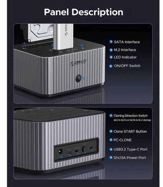 Alt view image 7 of 7 - Hard Drive Docking Station 10Gbps for NVMe SSD & SATA 3.5 HDD with Bidirectional Cloning Type-C Hybrid Docking Station with Independent Aluminum Heat Sink