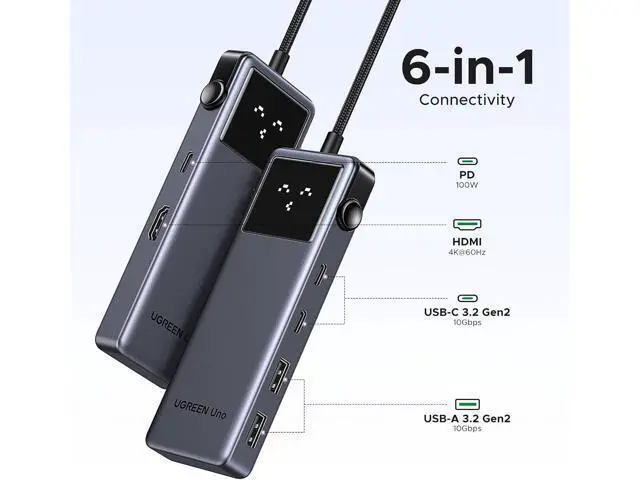Alt view image 2 of 6 - UGREEN Uno 6 in 1 USB-C Hub with 10Gbps USB-C & USB-A Data Ports 4K@60Hz HDMI for MacBook Pro/Air, iPad Pro, Surface, XPS, Thinkpad and More.